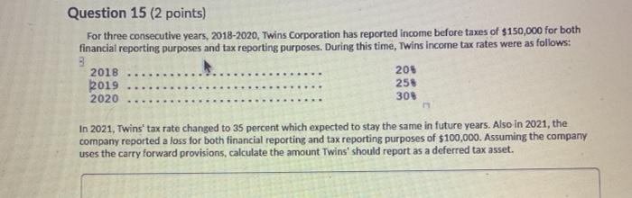  Question 15 (2 points) For three consecutive years, 2018-2020, Twins Corporation