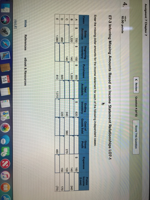  4(of10 4 value: 10.00 points E7-3 Inferring Missing Amounts Based on