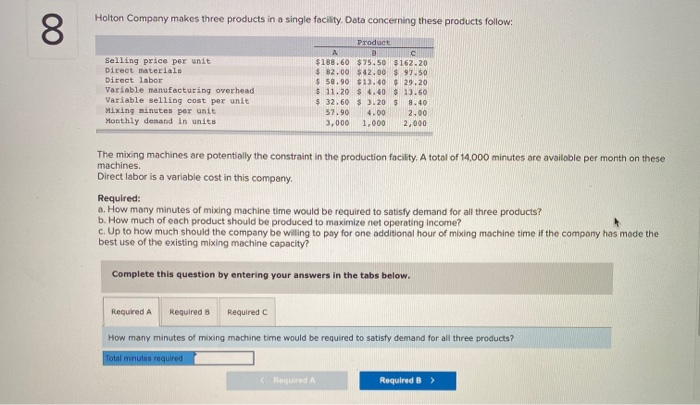  Holton Company makes three products in a single facility. Data concerning