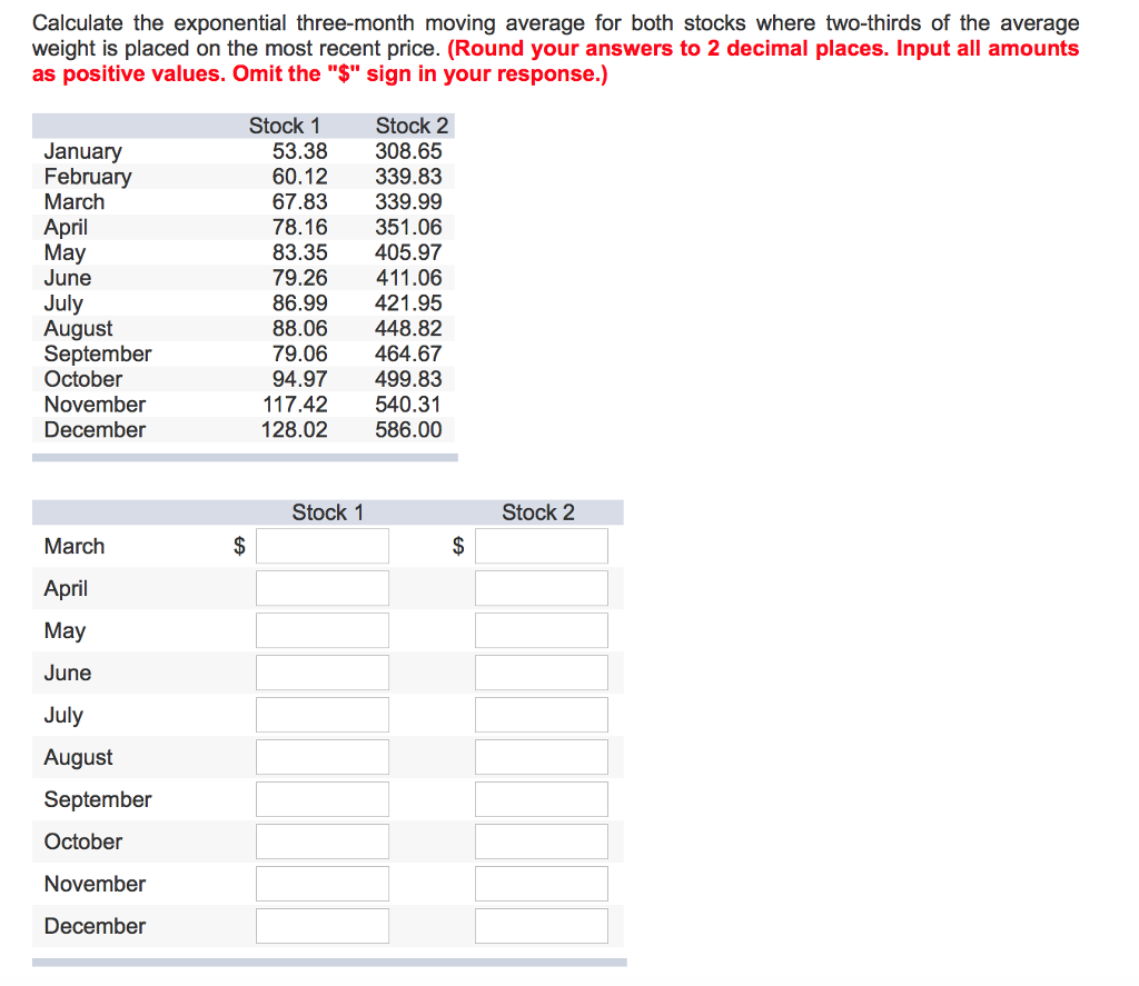  Calculate the exponential three-month moving average for both stocks where two-thirds