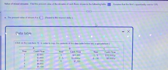 find the present value of stream A, B, & C. round to