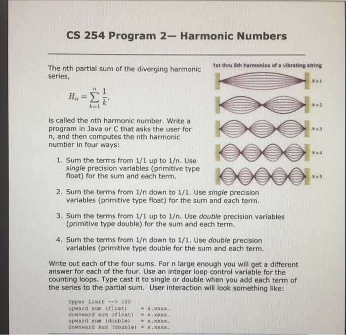  CS 254 Program 2- Harmonic Numbers 1st thru 5th harmonics of