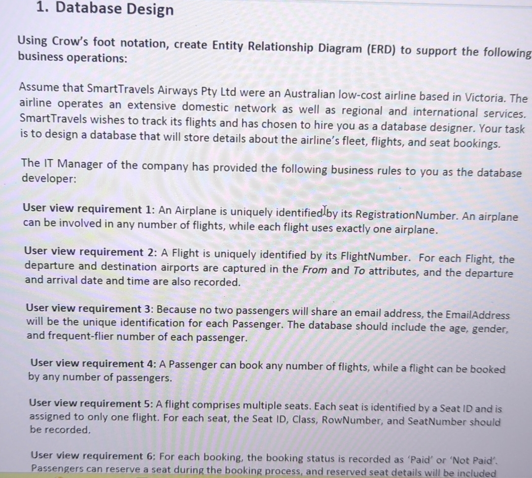  Database Design Using Crow's foot notation, create Entity Relationship Diagram (ERD)