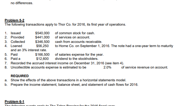 no differences Problem 5-2 The following transactions apply to Thor Co.