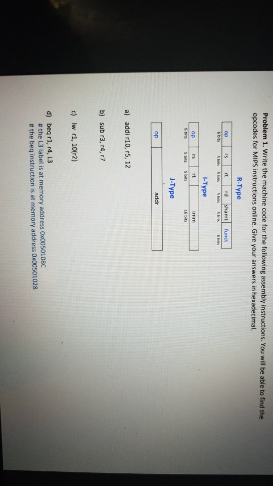  Problem 1. Write the machine code for the following assembly instructions.