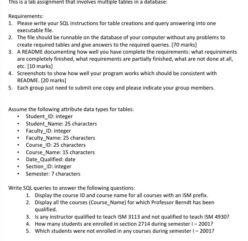  This is a lab assignment that involves multiple tables in a