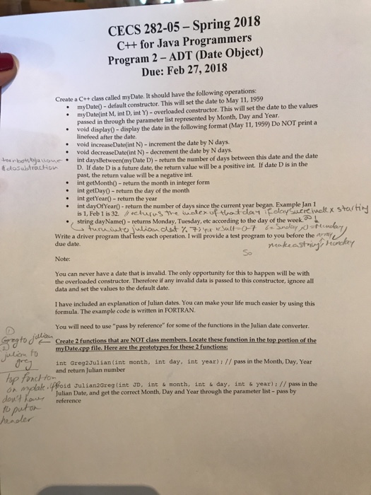  CECS 282-05-Spring 2018 C++ for Java Programmers Program 2 -ADT (Date