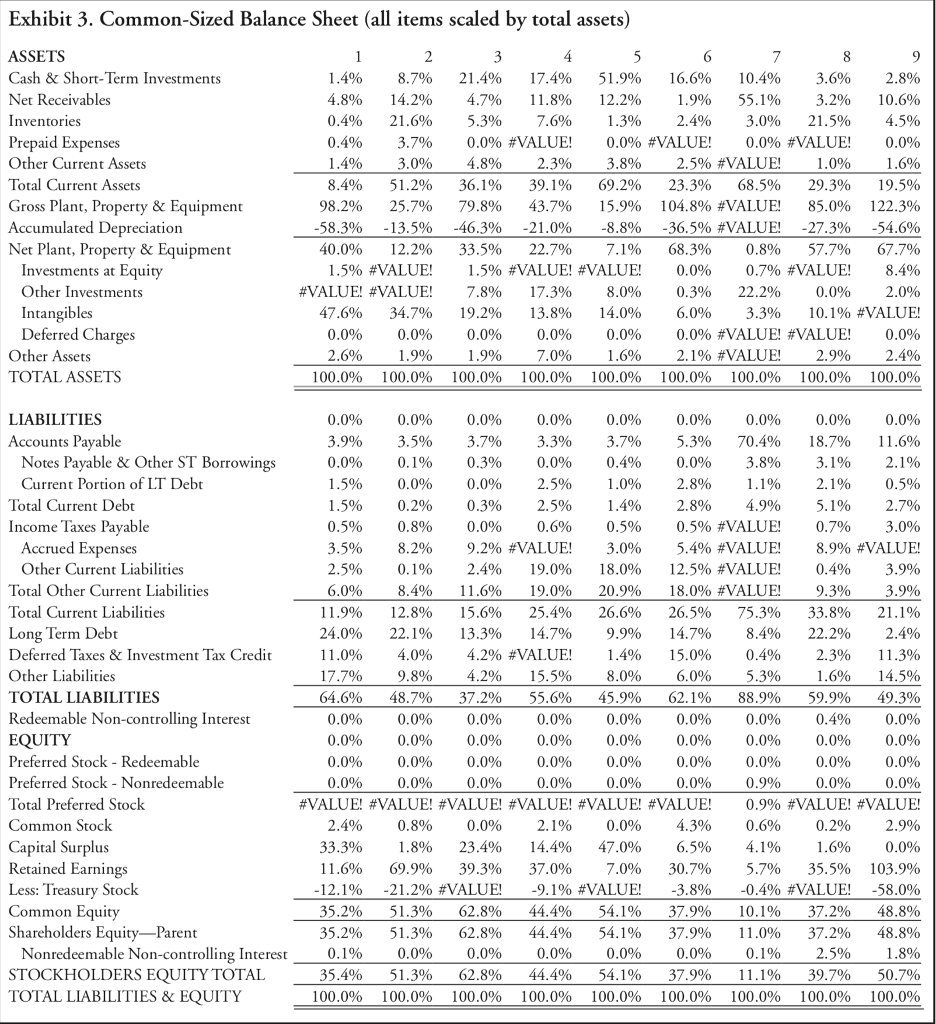 sheets (all items scaled by total assets), common-sized income statements (all items