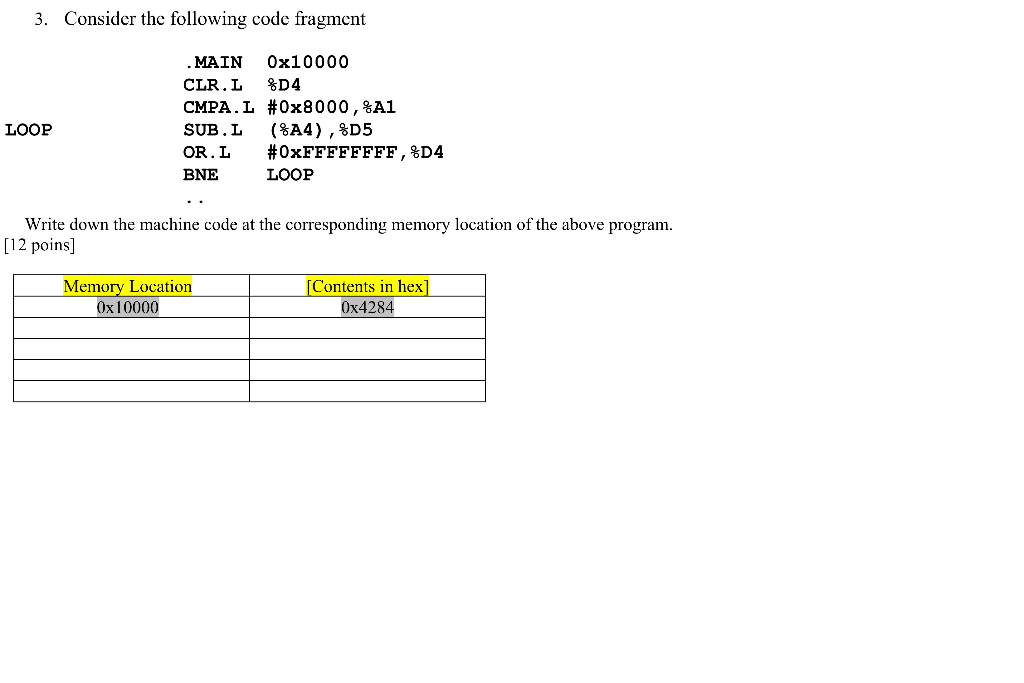  3. Consider the following code fragment MAIN 0x10000 CMPA . L