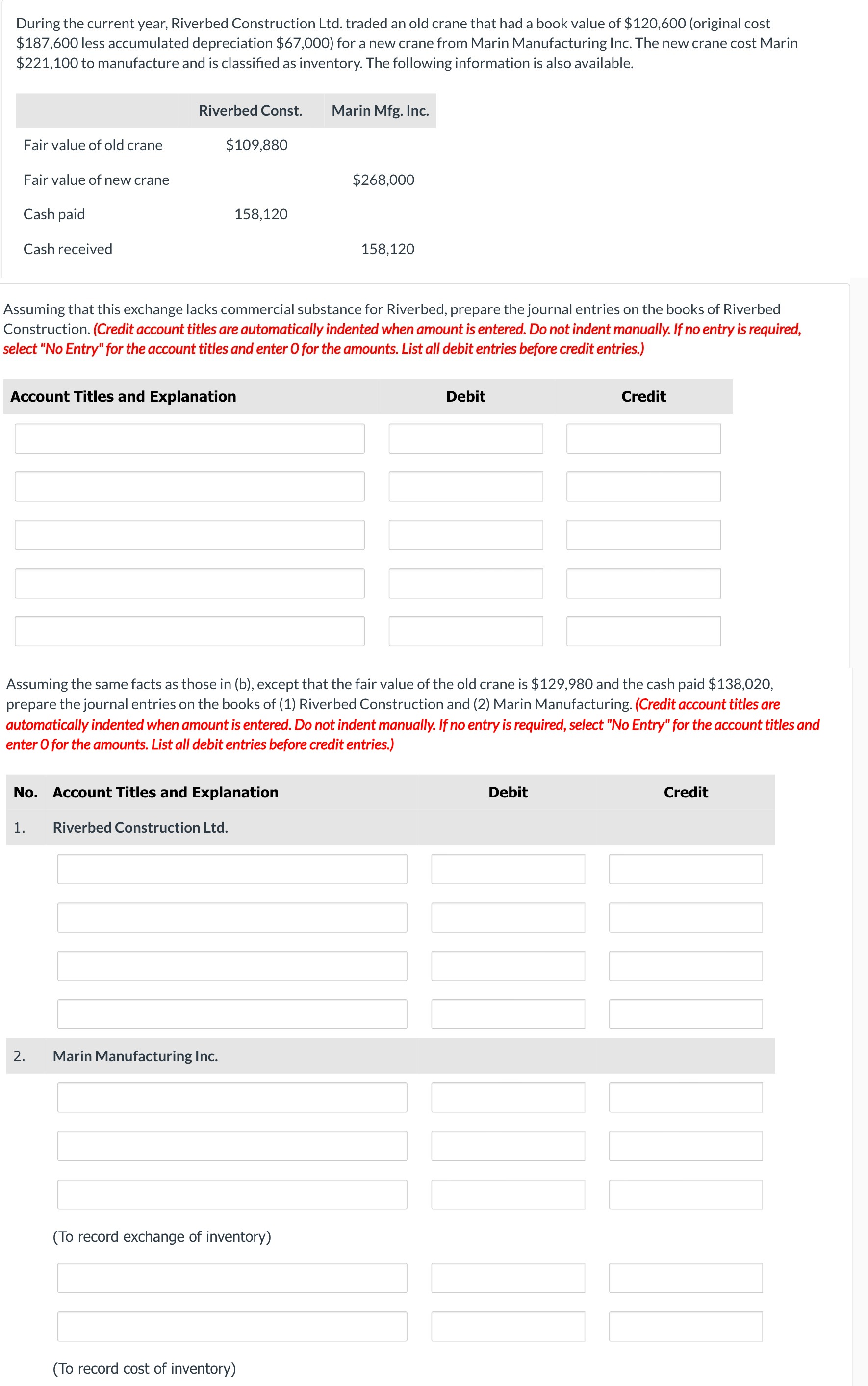  During the current year, Riverbed Construction Ltd. traded an old crane
