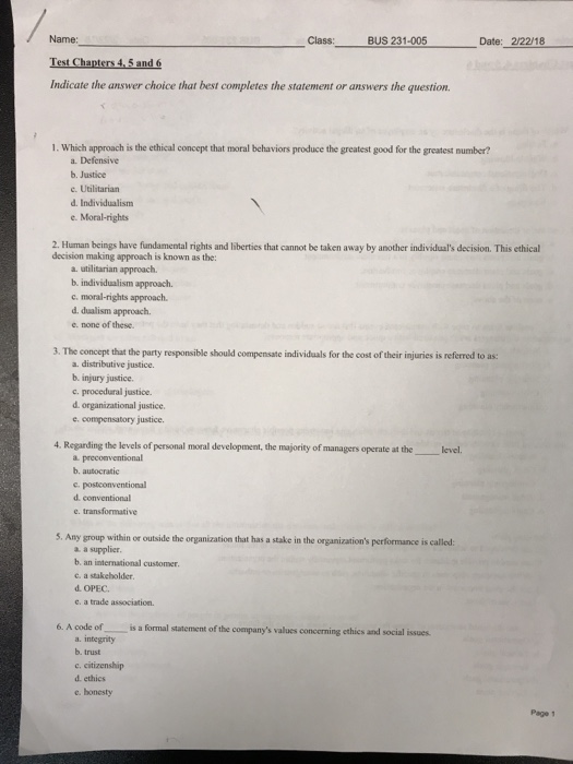  Name Class BUS 231-005 Date:_2/22/18 Indicate the answer choice that best