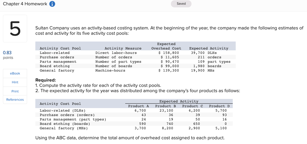 Sultan Company uses an activity-based costing system. At the beginning of