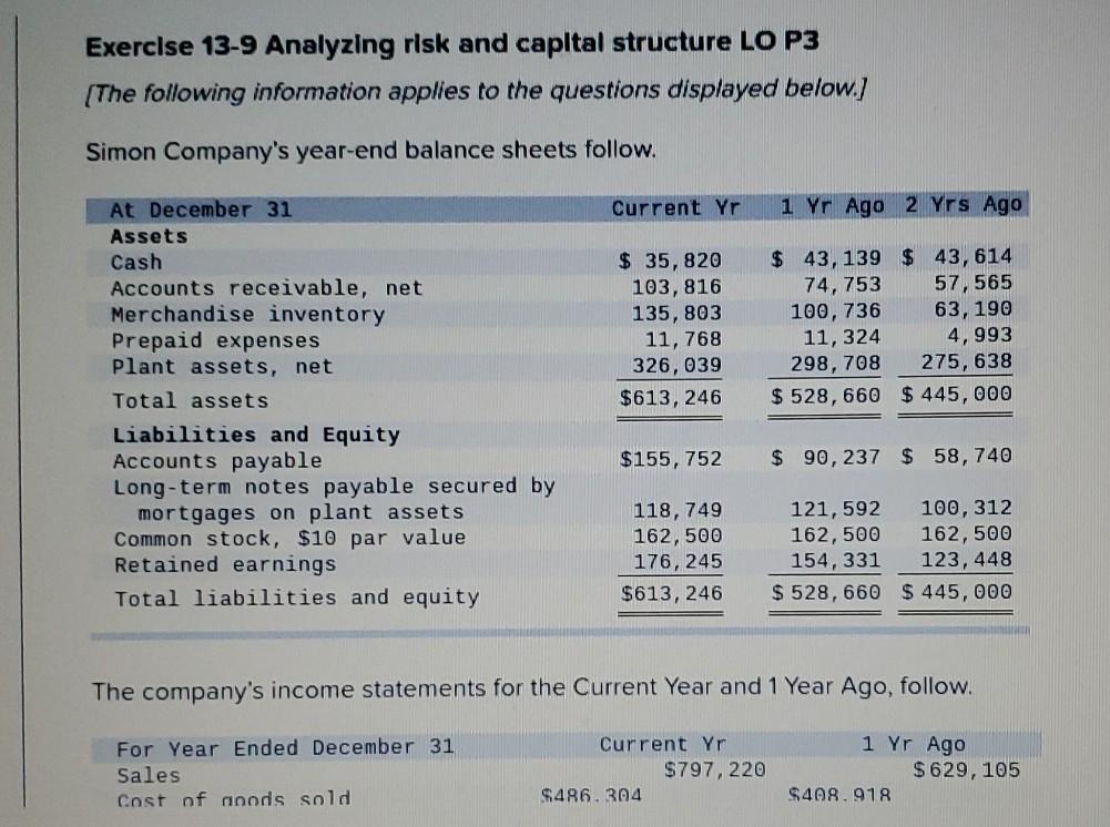  Exercise 13-9 Analyzing risk and capital structure LO P3 (The following