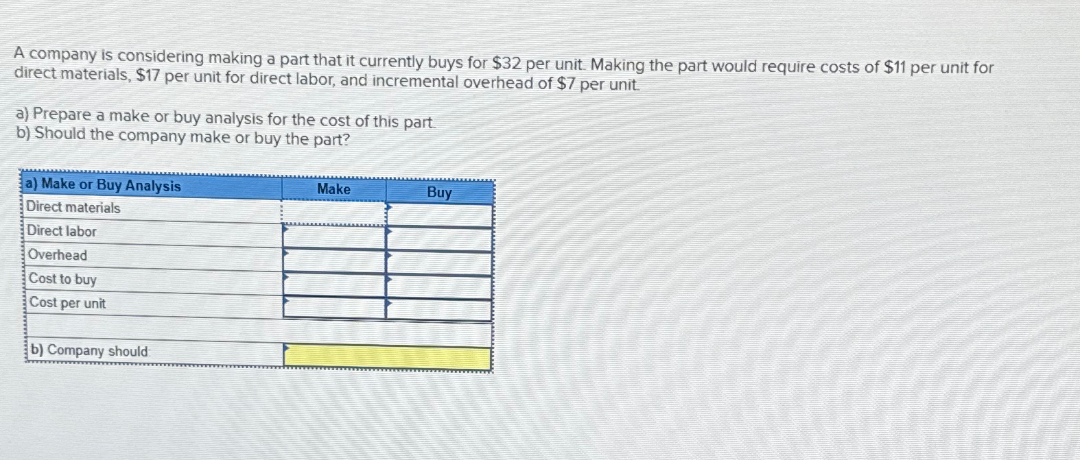  A company is considering making a part that it currently buys