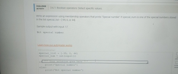  CHMLENGE MCTTVITY 3.6.1: Boolean operators: Detect specific values. Write an expression