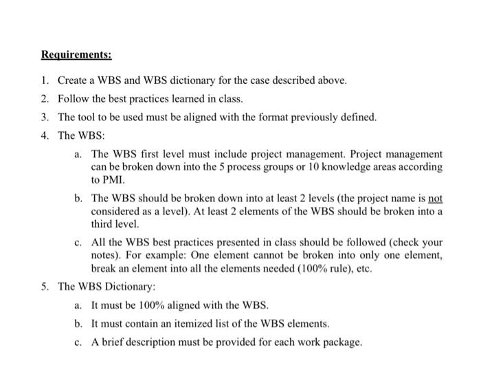 Create a WBS and WBS dictionary for the case described: The Supply