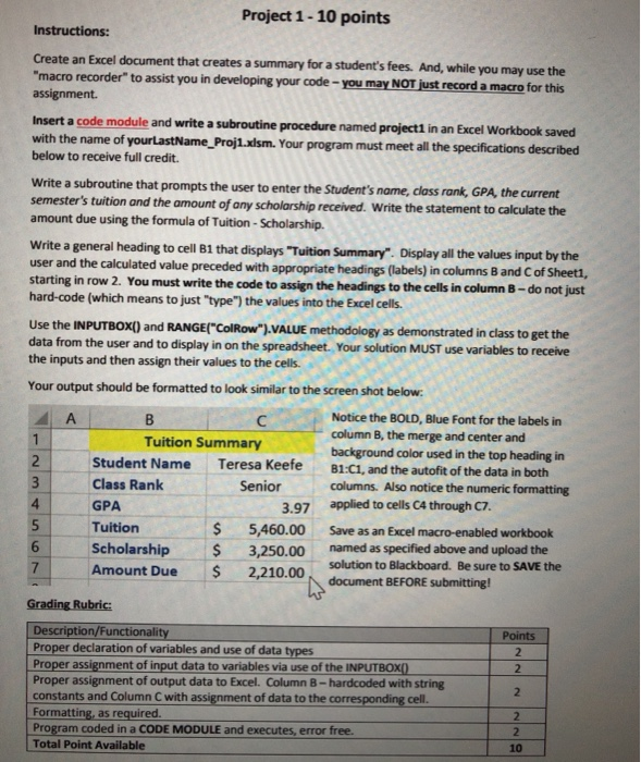 Project 1-10 points ins an Excel document that creates a summary