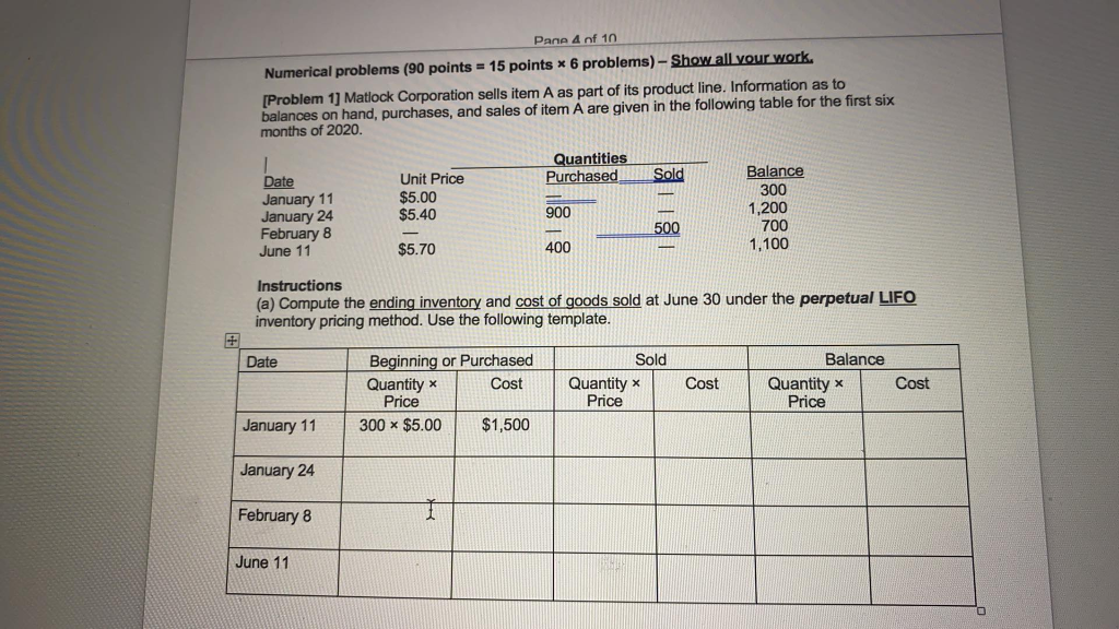  Pane 4 of 10 Numerical problems (90 points = 15 points
