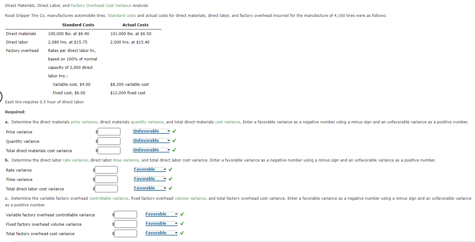  Direct Materials, Direct Labor, and Factory Overhead Cost Variance Analysis