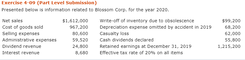 Corp. for the year 2020. Prepare a separate retained earnings statement for