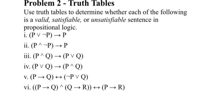  Problem 2 - Truth Tables Use truth tables to determine whether