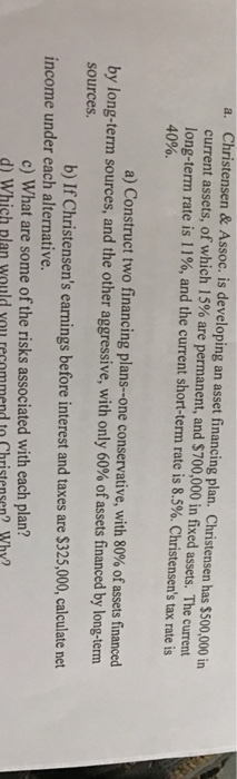  Christensen & Assoc, is developing an asset financing plan. Christensen has
