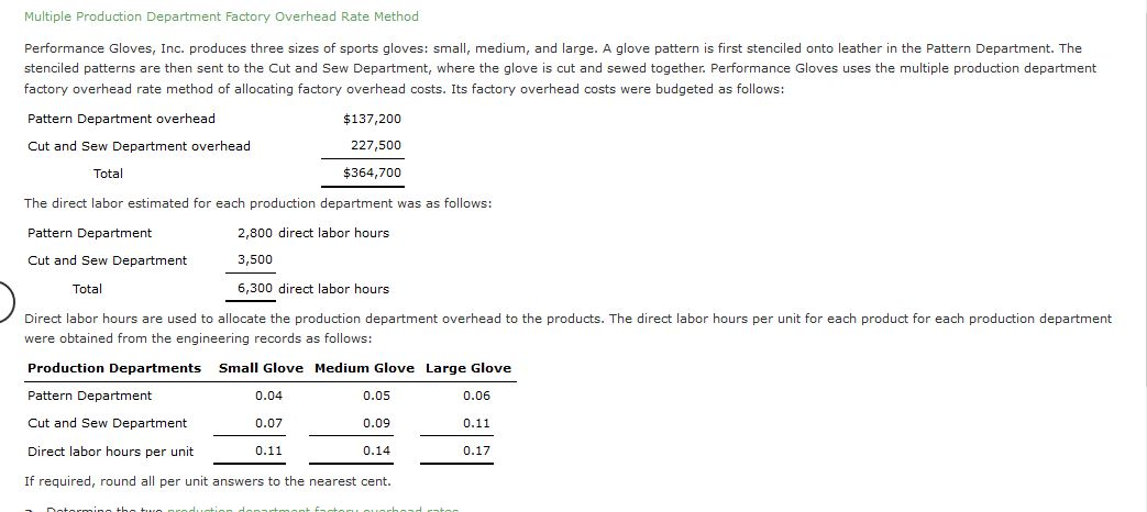 Multiple Production Department Factory Overhead Rate Method Performance Gloves, Inc. produces