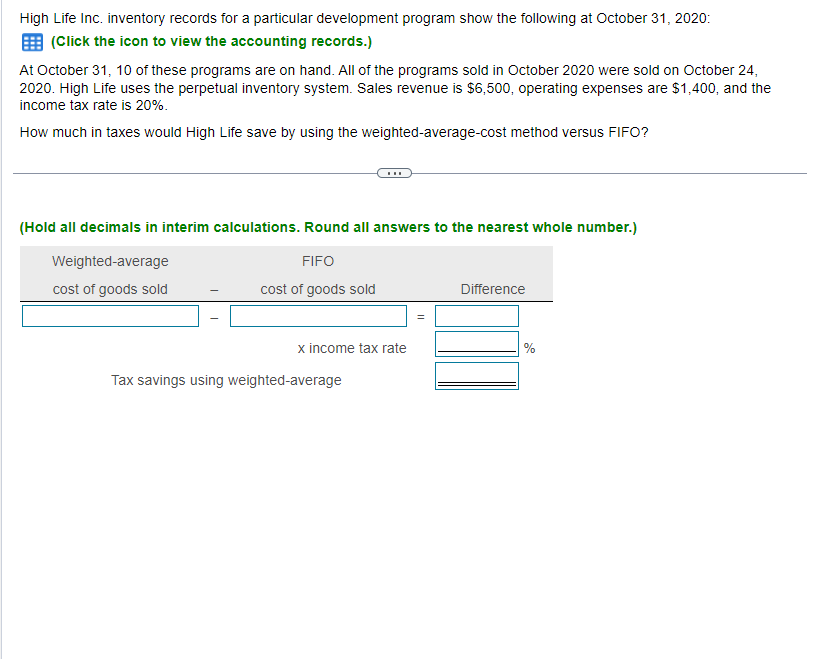  High Life Inc. inventory records for a particular development program show