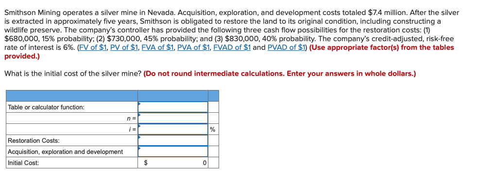 Smithson Mining operates a silver mine in Nevada. Acquisition, exploration, and