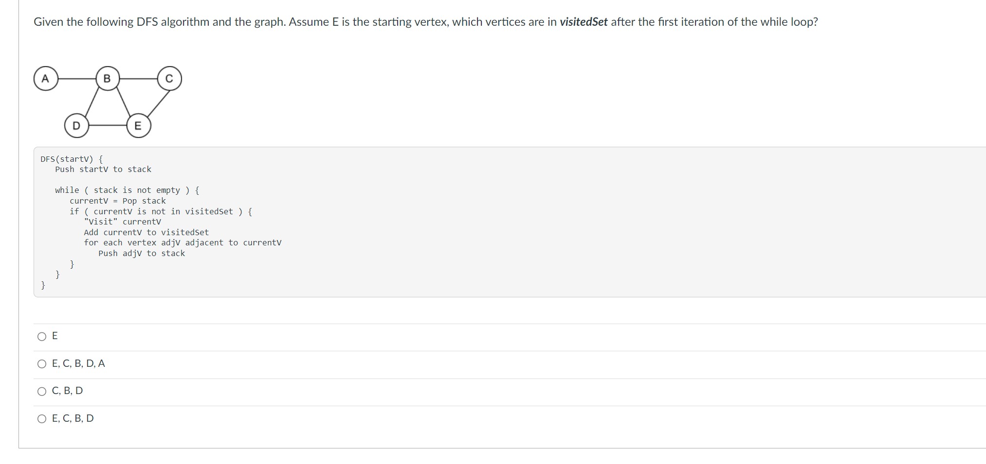  Given the following DFS algorithm and the graph. Assume E is