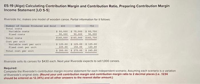  E5-19 (Algo) Calculating Contribution Margin and Contribution Ratio, Preparing Contribution Margin