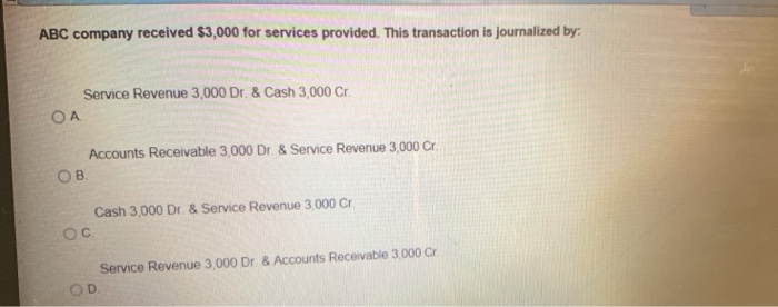  need quick help ABC company received $3,000 for services provided. This