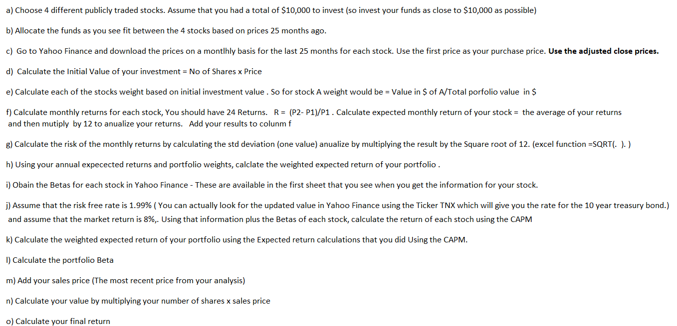 Risk and Return Analysis - Can you provide guidelines with all calculations