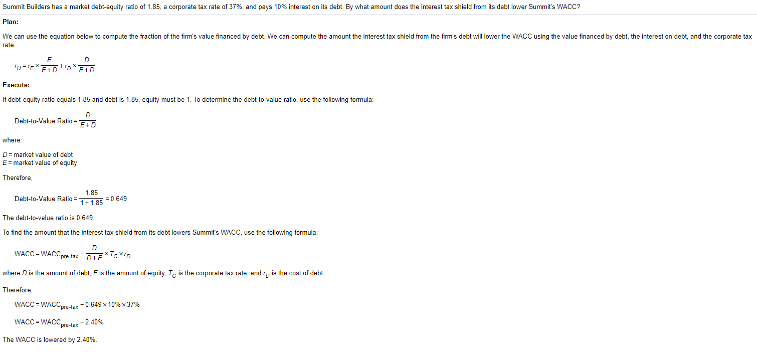 this format. Summit Builders has a market debt-equity ratio of 1.50 ,