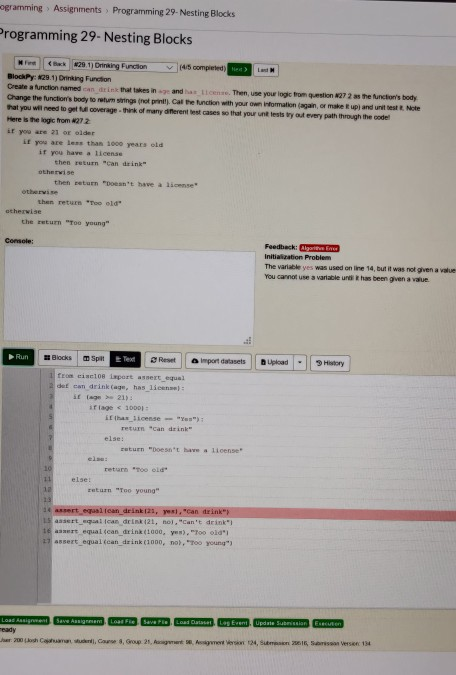 BlockPy #29.1: Need four assert_equal statements. ogramming Assignments Programming 29- Nesting Blocks