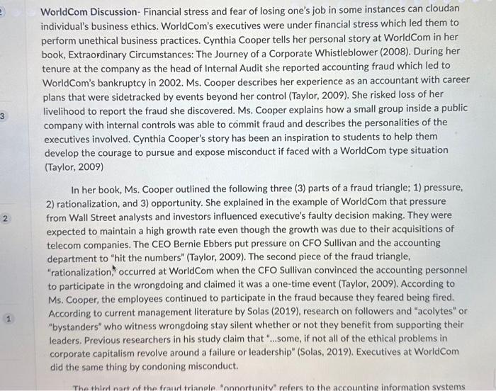  1) What was the ethical misconduct in the WorldCom case? 2)