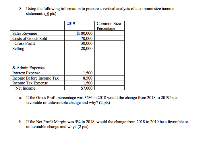 8. Using the following information to prepare a vertical analysis of