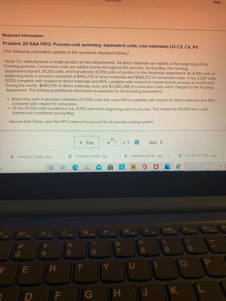  Help Required information Problem 20-5AA FIFO: Process cost summary: equivalent units;