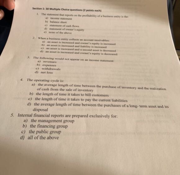  Section 1: 30 Multiple Choice questions (2 points each 1. The