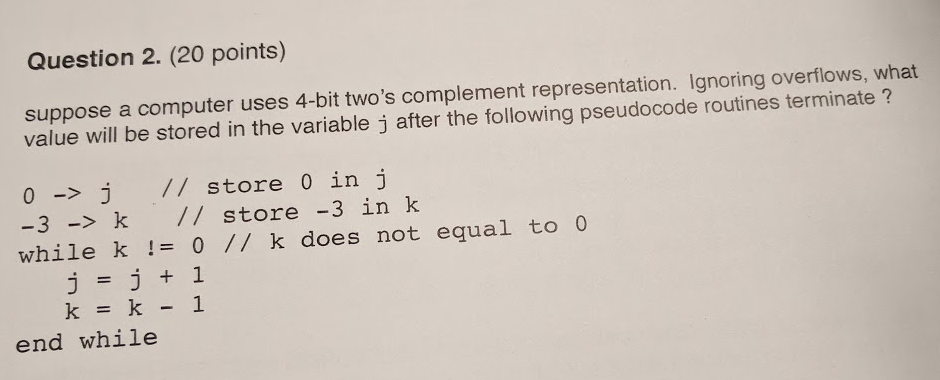 Question 2. (20 points) suppose a computer uses 4-bit two's complement