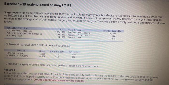 Exercise 17-18 Activity-based costing Exercise 17-18 Activity-based costing LO P3 Surgery Center