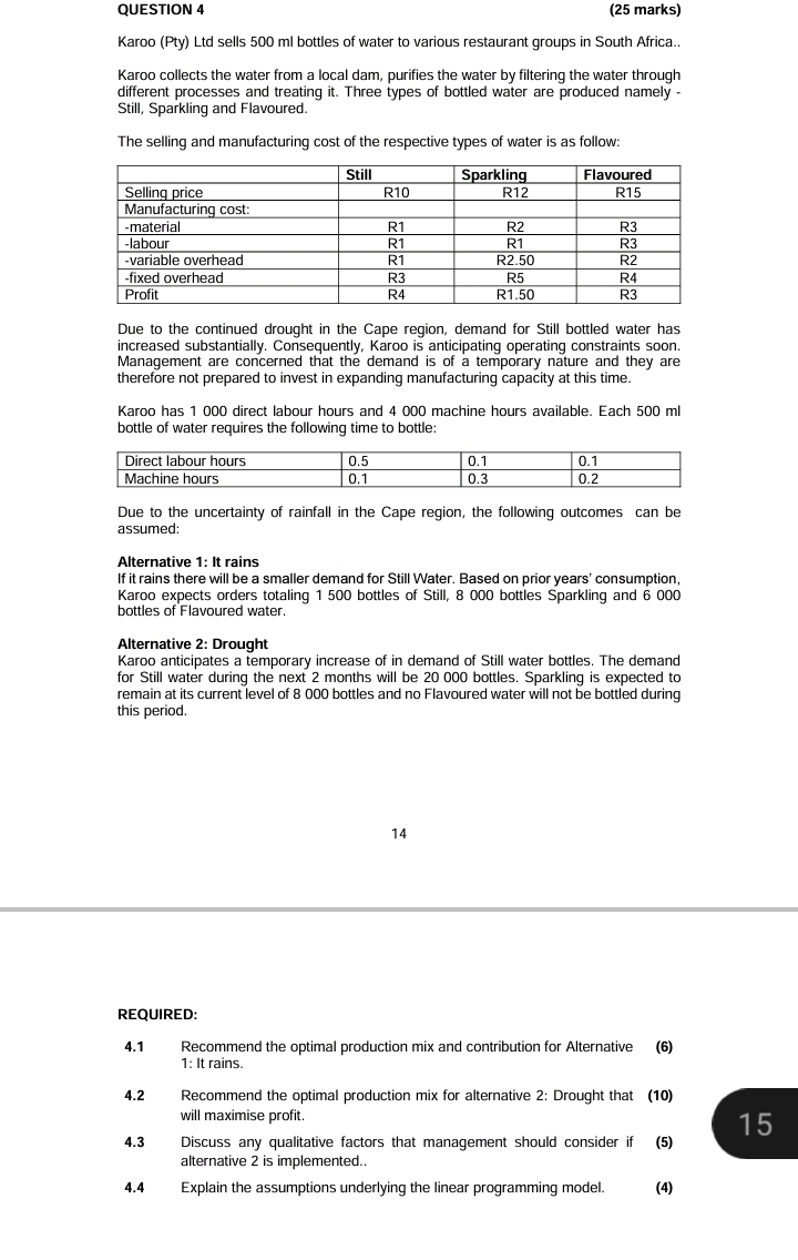  QUESTION 4 (25 marks) Karoo (Pty) Ltd sells 500ml bottles of