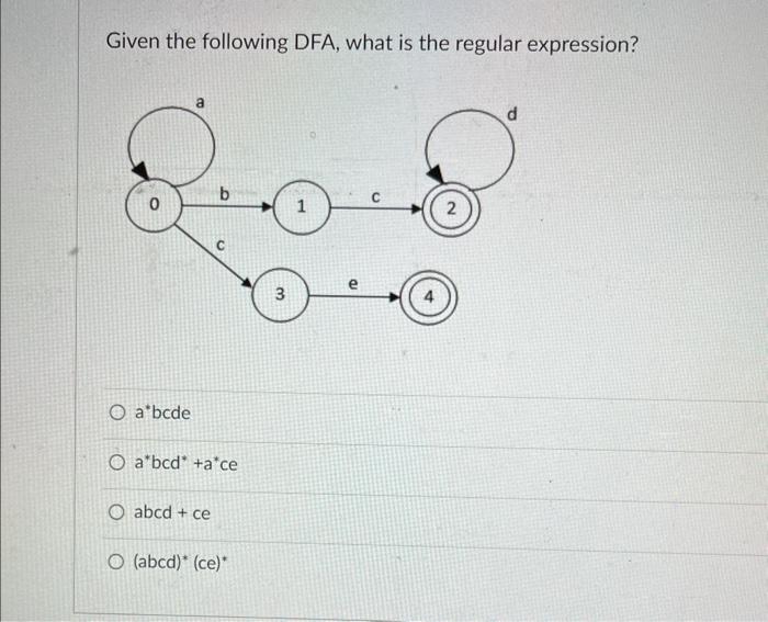  Given the following DFA, what is the regular expression? a"bcde abcd+ace