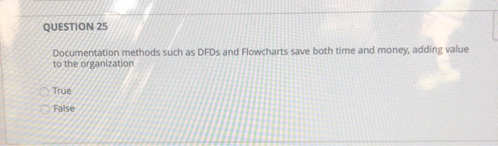  QUESTION 25 Documentation methods such as DFDs and Flowcharts save both