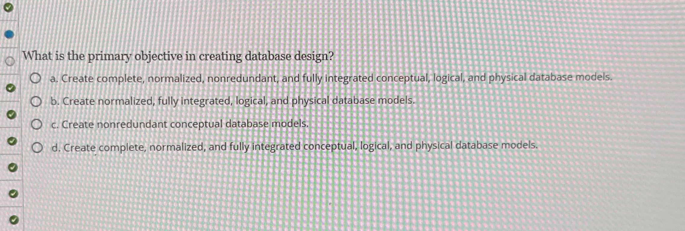  What is the primary objective in creating database design? a. Create