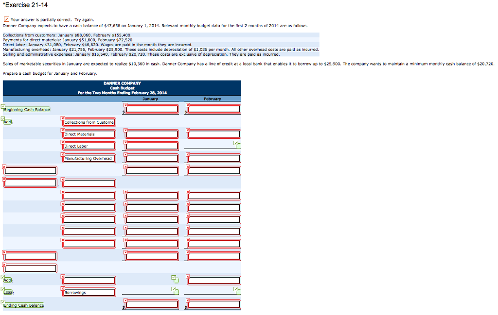 Exercise 21-14 Danner Company expects to have a cash balance of $47,