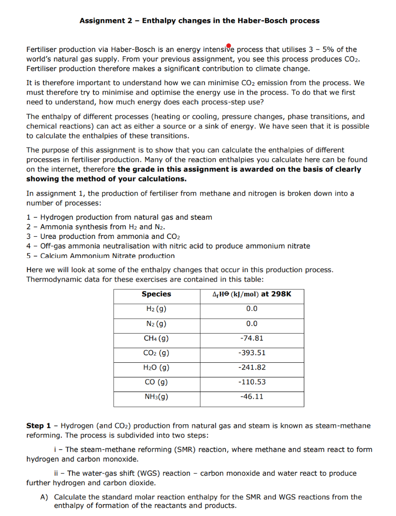please complete a-c Assignment 2 - Enthalpy changes in the Haber-Bosch process
