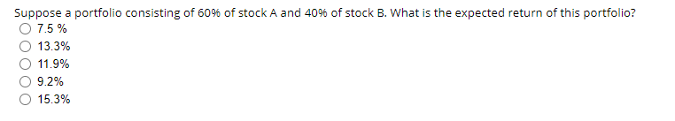 A increases by 15% while Stock B increases by 20%. What is