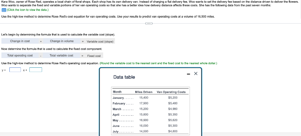 (Click the icon to view the data.) Use the high-low method