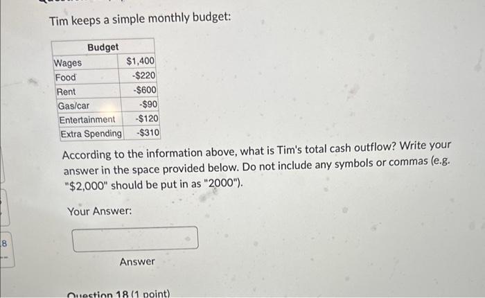 question 17 18 19 20 Tim keeps a simple monthly budget: According